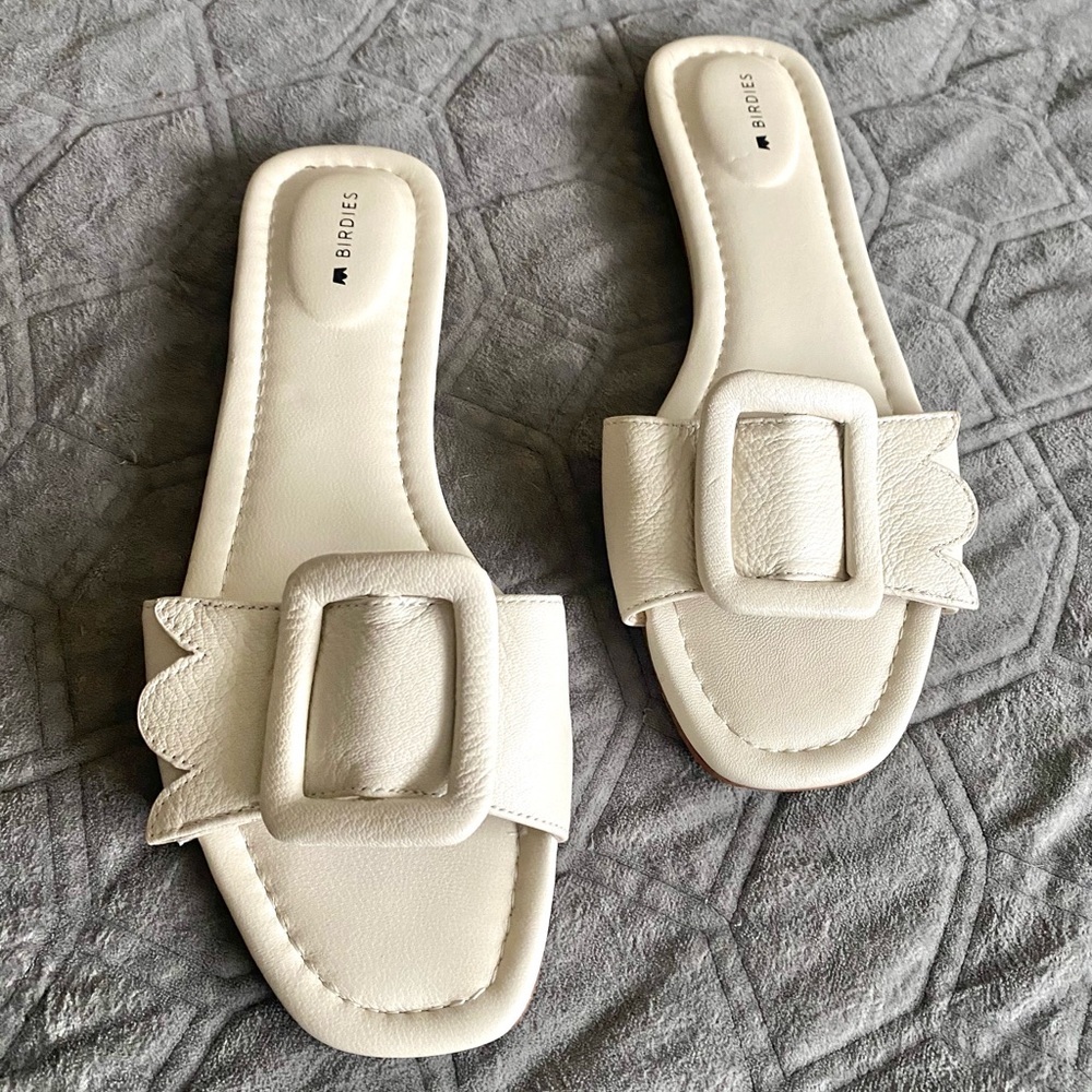 Birdies Kiwi Sandals Bone Leather Slides Ivory Slip Ons Summer Shoes Neutral